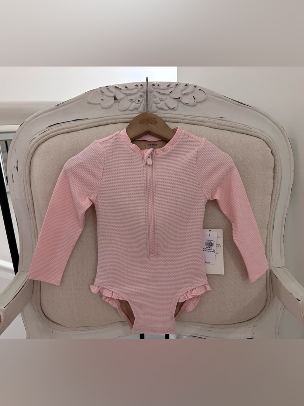 🩰 12~18 Mth Long-Sleeve Pink Ballet Baby One-Piece Swimsuit with Ruffle Trim NWT
